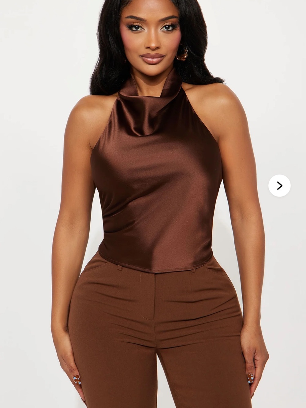 Fashion Nova Satin Halter Cowl Top in Chocolate Brown